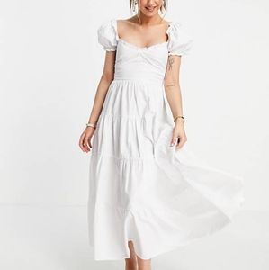 Stradivarius milkmaid poplin midi maxi dress puff sleeves white